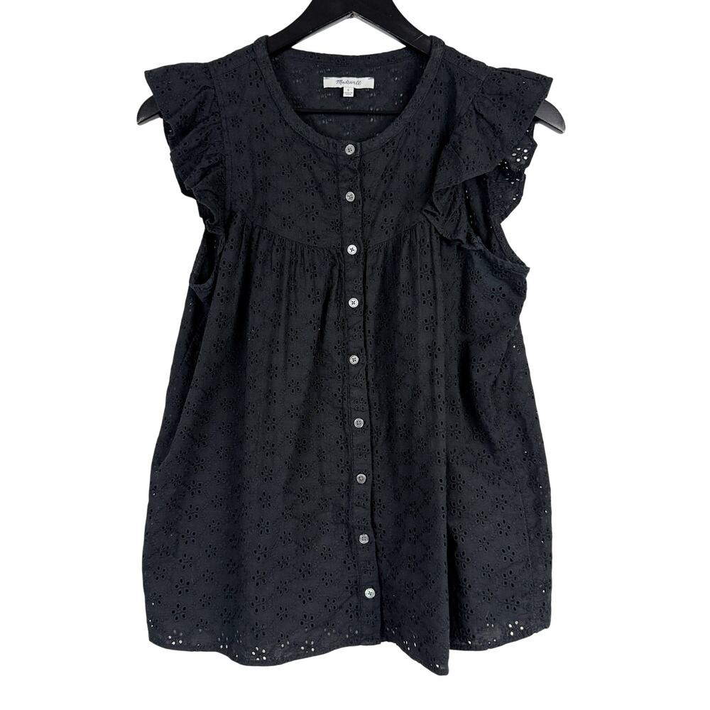 Madewell Eyelet ruffle-sleeve Bib Button Down Top Black - S